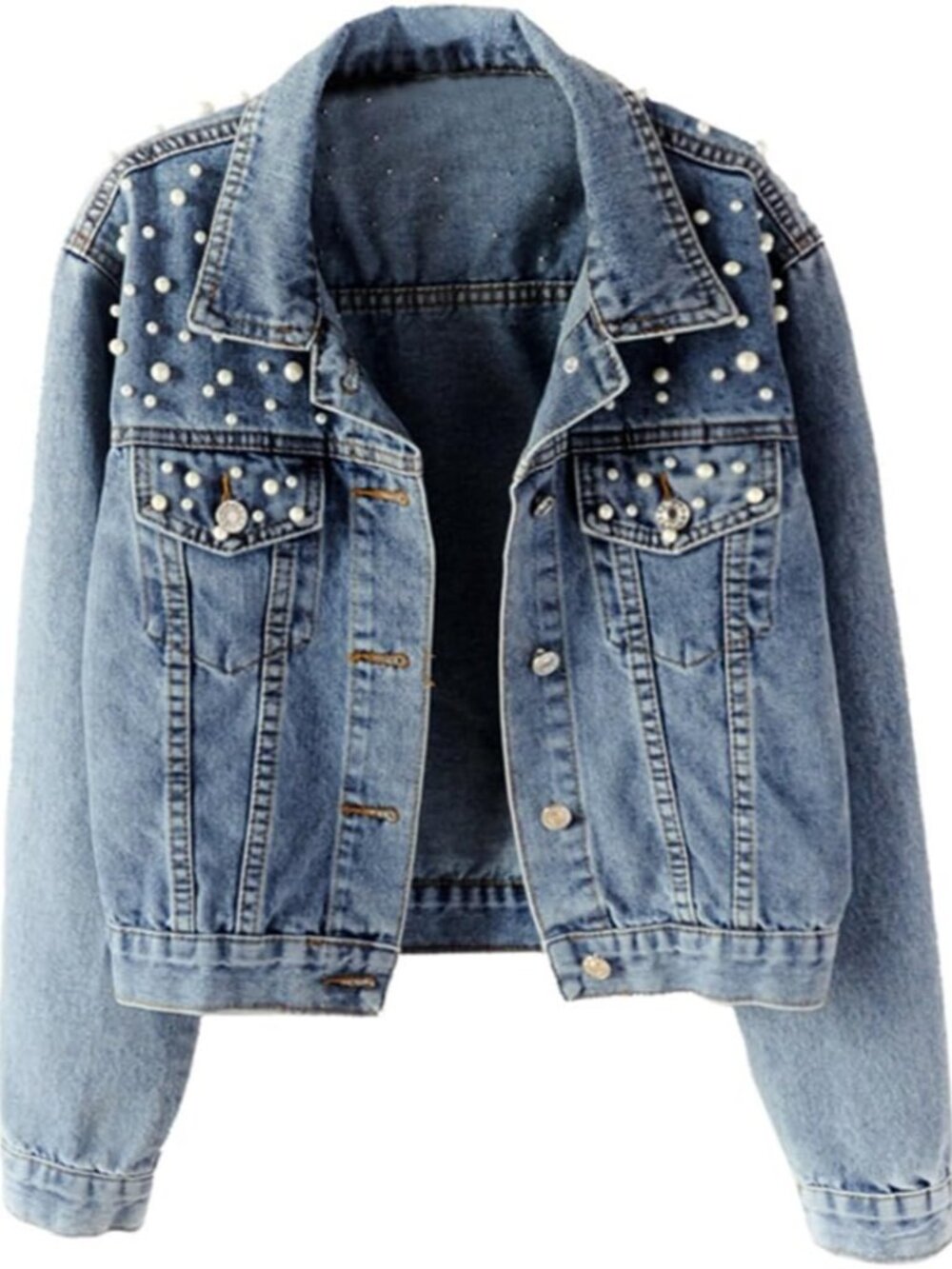 Women's Embroidered Pearl Denim Jean Jacket Coat